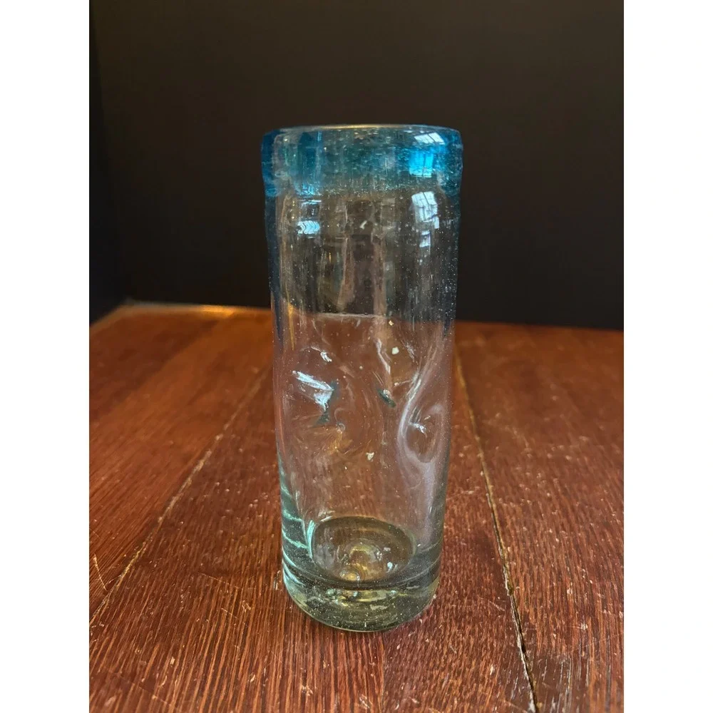 Handblown Mexican Tequila Glass Turquoise Blue Rim Dimpled Recycled Glass 6.25in